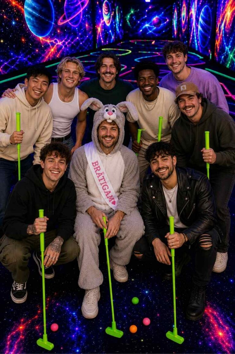 Junggesellenabschied Gruppe beim Schwarzlicht Minigolf in Kiel